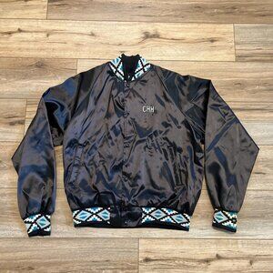 VTG Black Sheep Satin Jacket Adult SZ LARGE Black USA Made Aztec Southwest Trim